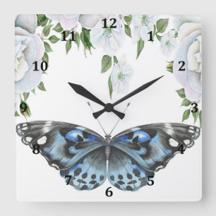 Quadrado Relógio com Borboleta Azul e Rosas