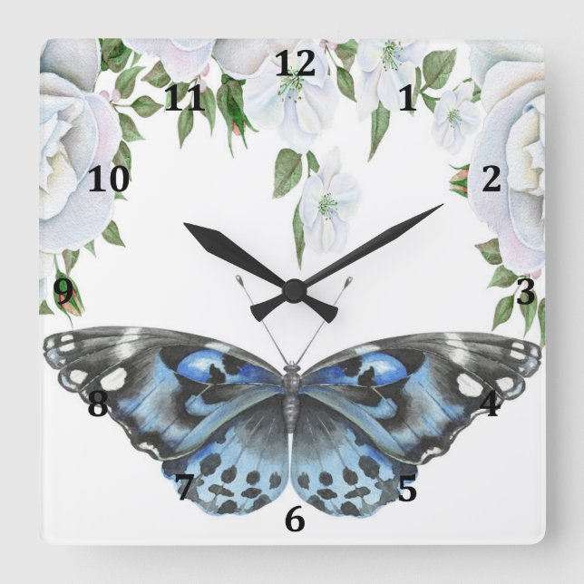 Quadrado Relógio com Borboleta Azul e Rosas (Frente)
