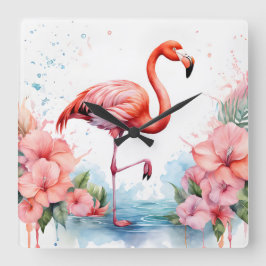 Quadrado Relógio com Flamingo e Flores