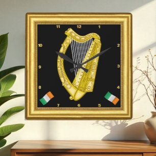 Quadrado Relógio da Irlanda, Quadro Dourado, Harp Irlandês,