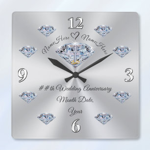 Quadrado Relógio de Aniversário de Diamante Personalizado, 