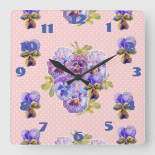 Quadrado Relógio de Arte com Pensées Rosa Shabby Chic Flora
