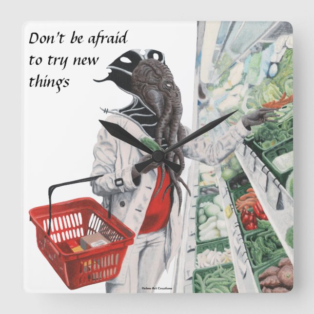 Quadrado Relógio de Arte da Mente Flayer Comprando Fantasia (Frente)