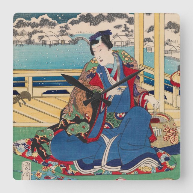 Quadrado Relógio de Arte Japonês (Frente)