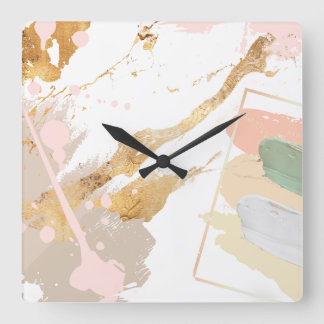 Quadrado Relógio de Arte Moderna - Rosa, Dourado, Cinza
