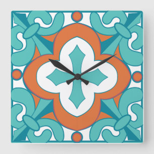 Quadrado Relógio de Azulejo Talavera - Laranja e Turquesa
