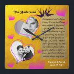 Quadrado Relógio de Casamento do Ouro de Colagem de Fotos P<br><div class="desc">Relógio de Parede: Casamento Personalizado,  Aniversário,  Relógio de Fotografias de Dias de os namorados com um design exclusivo de colheita de ouros. Personalize com suas próprias fotos favoritas e crie uma bela colagem para capturar momentos especiais de sua vida. Mude qualquer texto para o seu,  incluindo o poema.</div>