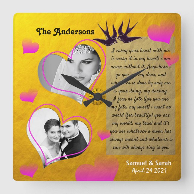 Quadrado Relógio de Casamento do Ouro de Colagem de Fotos P (Frente)