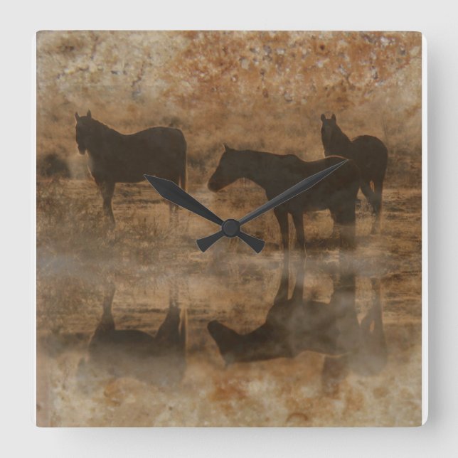 Quadrado Relógio de Cavalos Texturizados com Pedra Faux (Frente)