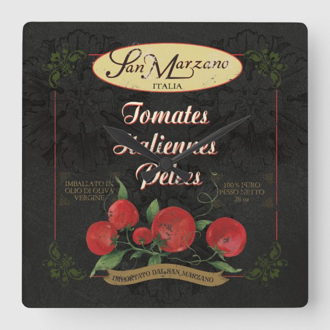 Quadrado Relógio De Cozinha Italiano, Rótulo De Tomates Ret (Frente)