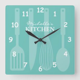 Quadrado Relógio de cozinha personalizado com utensílios de