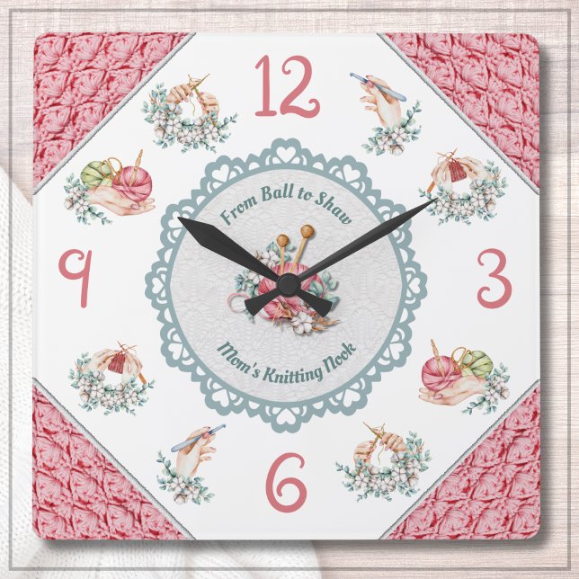 Quadrado Relógio de Decoração de Sala de Tricô e Crochê Ros (Cozy Pink Knitting and Crochet Room Décor Clock)