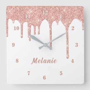 Quadrado Relógio de Drives de Glitter Dourado rosa com Nome