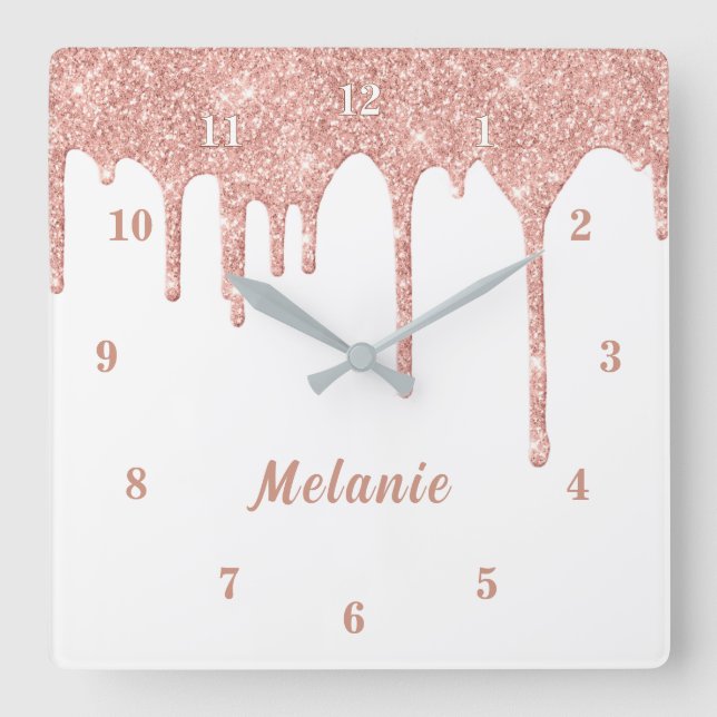 Quadrado Relógio de Drives de Glitter Dourado rosa com Nome (Frente)