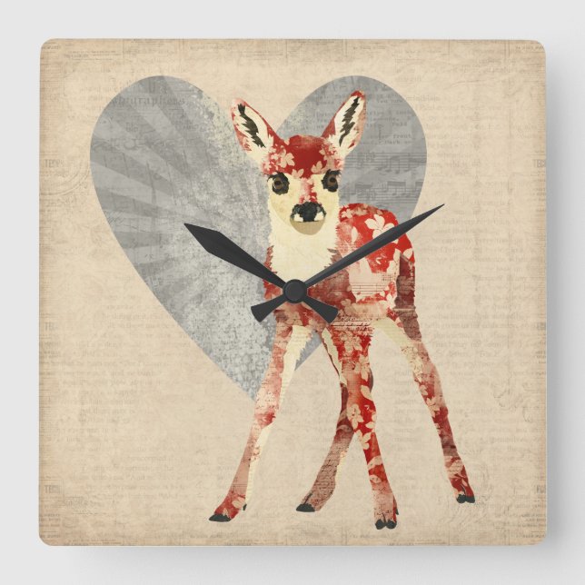 Quadrado Relógio de Fawn Floral (Frente)