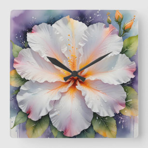 Quadrado relógio de flor de hibisco branco