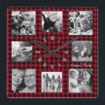 Quadrado Relógio de Foto da Família, Colagem de 8, Xadrez d<br><div class="desc">Relógio de Parede de Foto de Família Rústico com colagem de 8 imagens situadas dentro de um fundo xadrez de Búfalo vermelho e preto. Personalize com 8 de suas próprias fotos favoritas e crie uma bela colagem para capturar aqueles momentos especiais da sua vida. Altere o texto para o nome...</div>