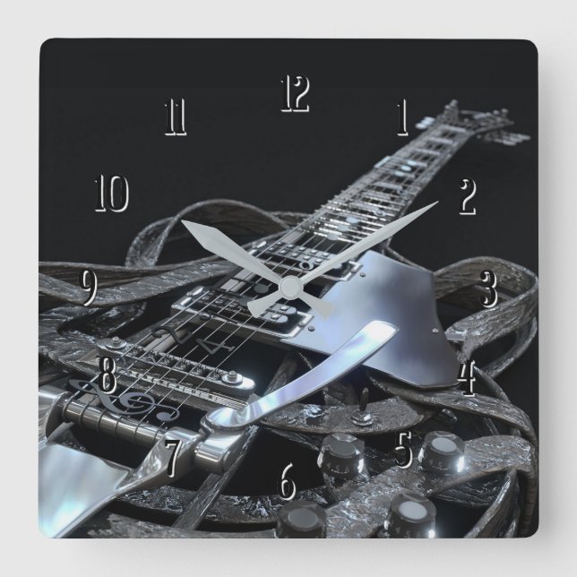 Quadrado Relógio de Guitarra Elétrica de Cinza de Prata (Frente)