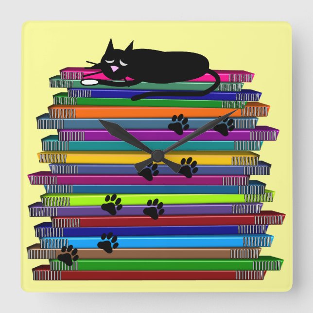Quadrado Relógio de Livros e Gatos Pretos (Frente)