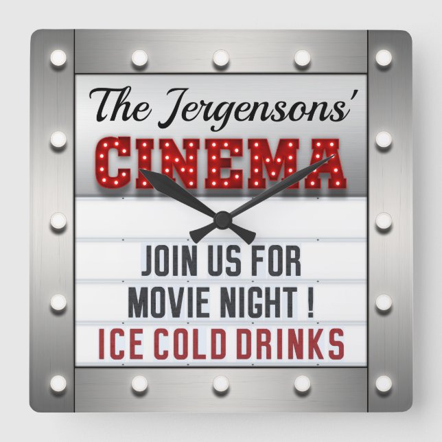 Quadrado Relógio de Mural de Cinema Noturno (Frente)