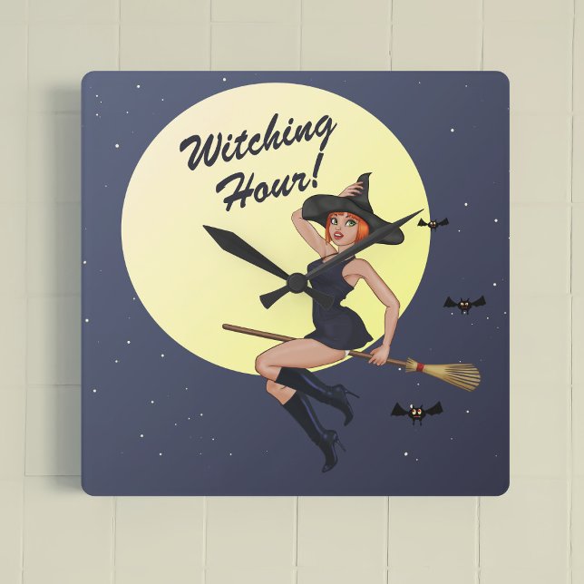 Quadrado Relógio de Muralha da Bruxa Retro Halloween (It's witching hour! A cheeky witch is flying on a broomstick)