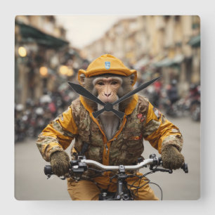 Quadrado Relógio de Muro de Ciclismo do Macaco Engraçado