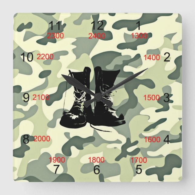 Quadrado Relógio de Muro Militar Boots & Camo (Frente)