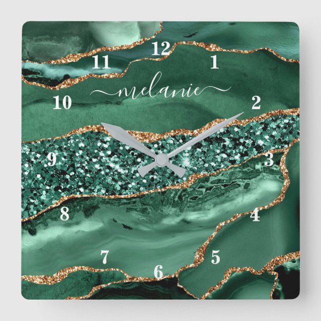 Quadrado Relógio de Nome do Marble do Geodo Glitter Verde D (Frente)