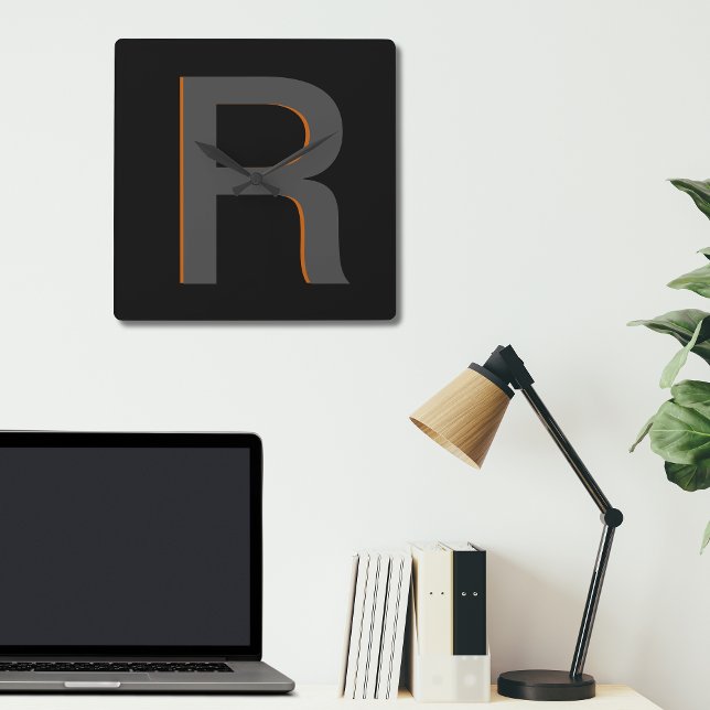 Quadrado Relógio de Nomes Preto Moderno Monograma (Modern Masculine Monogram in Simple Black Minimalist Typography. Great gift for him)