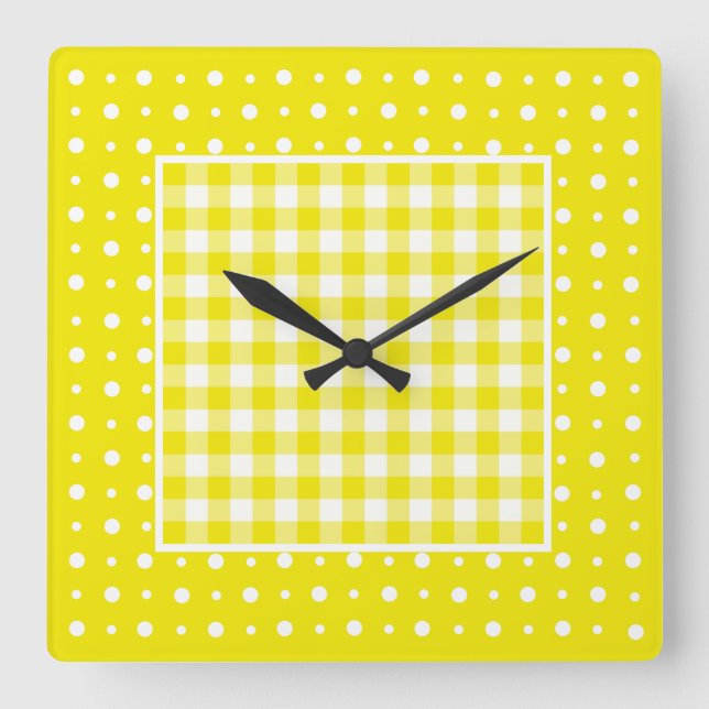 Quadrado Relógio de Parede, Gingham Amarelo e Bolinhas (Frente)