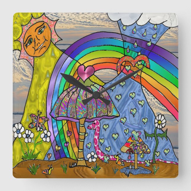 Quadrado Relógio de Paredes Mágicas Psicodélicas Retro 60s (Frente)