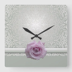 Quadrado Relógio de Rosa de Beleza do Lace Damask Silver