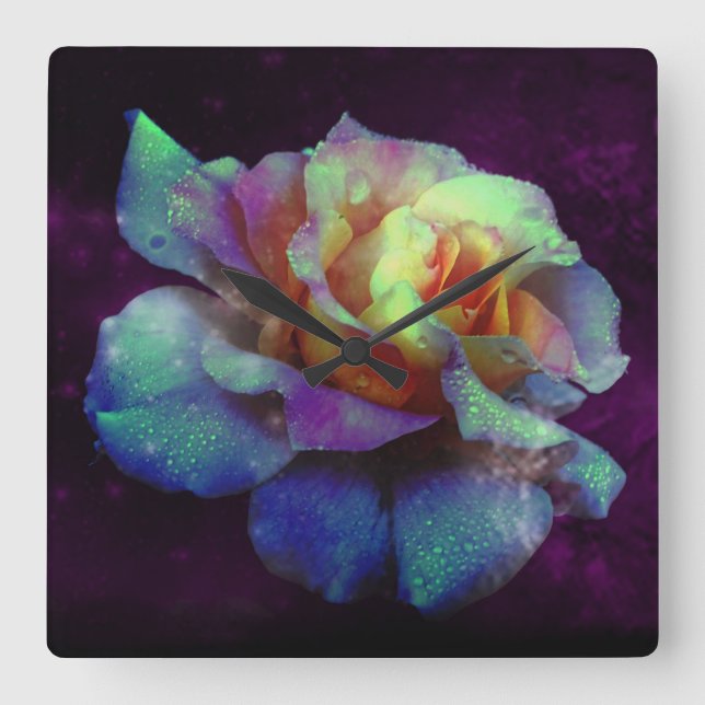 Quadrado Relógio de Rosa de parede em turquesa roxo (Frente)