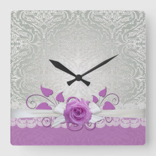 Quadrado Relógio de rosa Lace Silver/Damasco Roxo