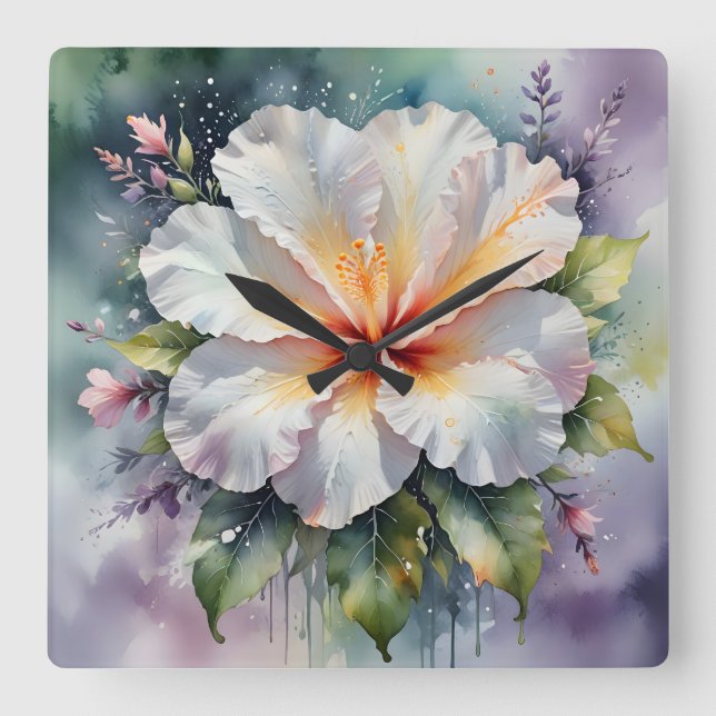 Quadrado relógio de sonho de hibisco branco (Frente)