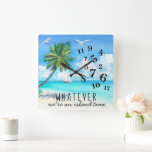 Quadrado Relógio de Tempo da Ilha Funny<br><div class="desc">Adicione um na moda e uma aparência de tendência à sua casa ou escritório com o nosso relógio "Island Time". Números espalhados em palmeiras tropicais pintadas manualmente e fundo oceânico. Adicione seu texto personalizado a este design usando as caixas "Editar este modelo design" no lado direito do item, ou clique...</div>