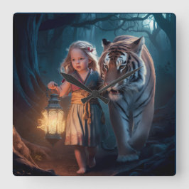 Quadrado Relógio de uma menina e um tigre