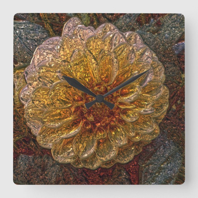 Quadrado Relógio do vidro amarelo de flor brilhante metaliz (Frente)