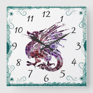 Quadrado Relógio Dragão de Arte Chinesa Roxo e Vermelho