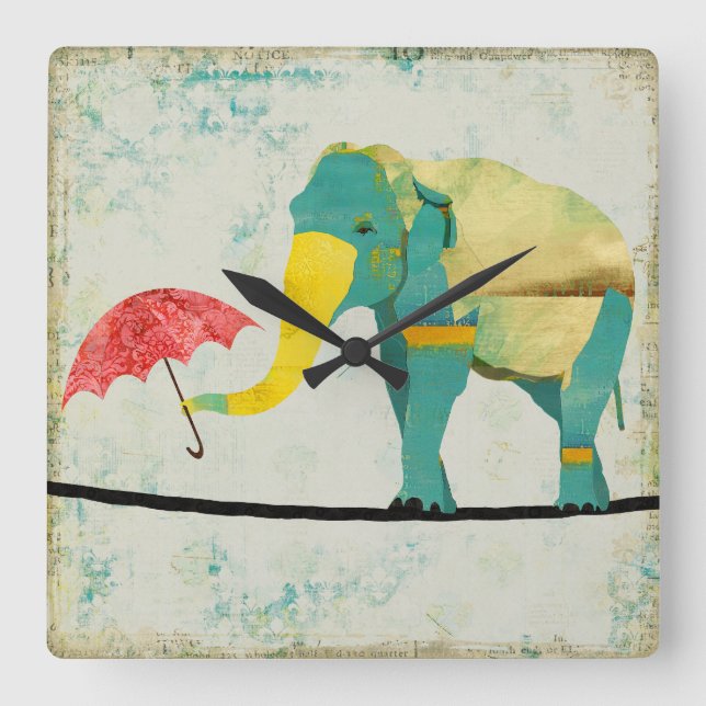 Quadrado Relógio Elefante Gracioso do ouro (Frente)