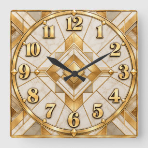 Quadrado Relógio Geométrico Art Déco Creme e Dourado