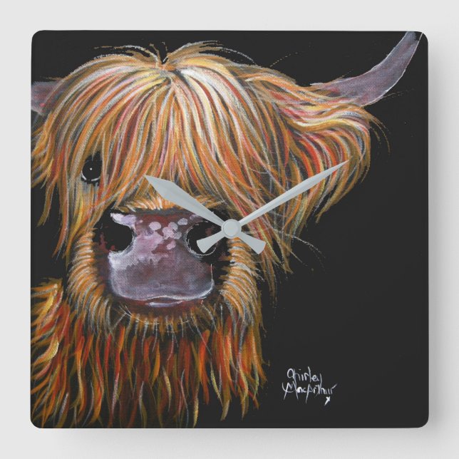 Quadrado Relógio 'Henry' da Highland Cow de Shirley MacArth (Frente)