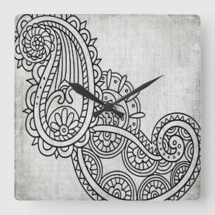 Quadrado Relógio Motif Mehndi Da cinza