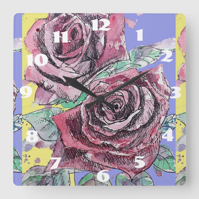 Quadrado Relógio para Sala das Senhoras Arte de Rosa Rosas  (Frente)