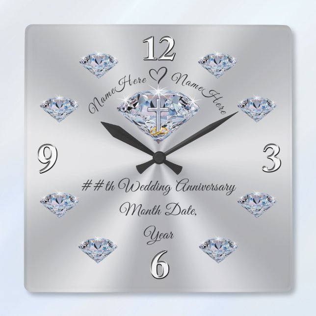 Quadrado Relógio Personalizado de Aniversário de Diamante,  (Christian wedding anniversary gifts. 60th wedding anniversary presents for parents. Diamond themed.)