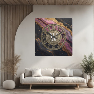 Quadrado Relógio Personalizado Monograma Ágata Rosa Metal L