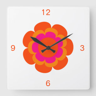 Quadrado Relógio redondo cor-de-rosa quente e flor laranja