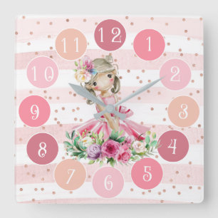 Quadrado Relógio Rosa Bonito com Ballerina Pequena Aquarel