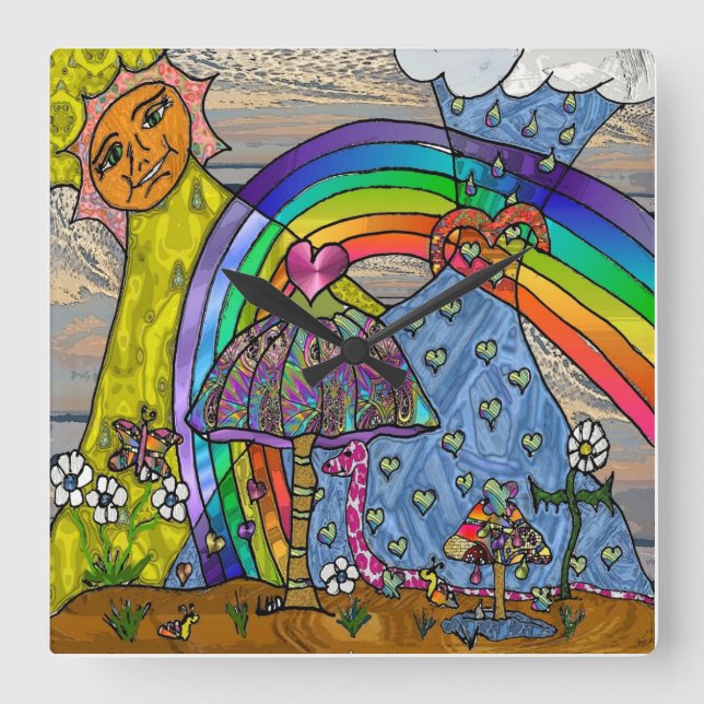 Quadrado Relógio Sq Psicodélico de Cogumelos Magicos Retro  (Frente)