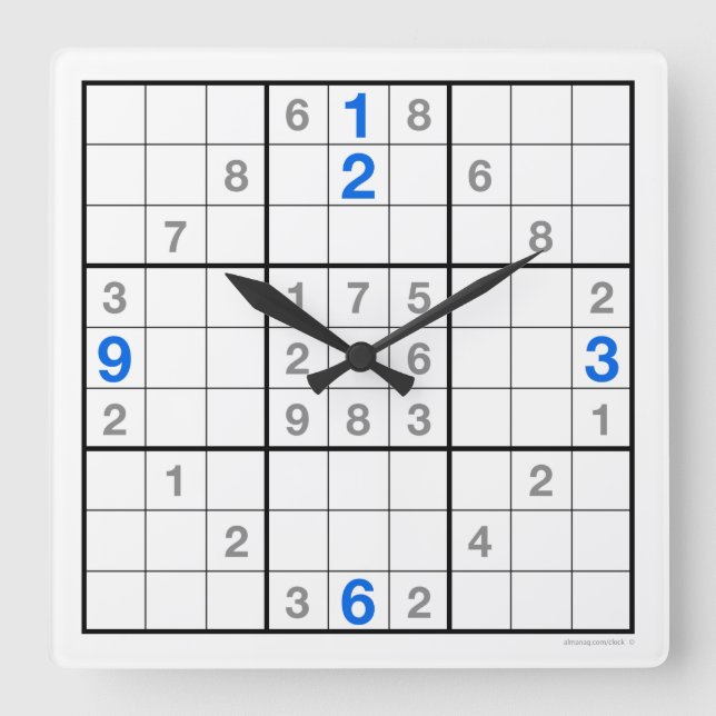 Quadrado Relógio Sudoku com quebra-cabeça baixável (azul) (Frente)